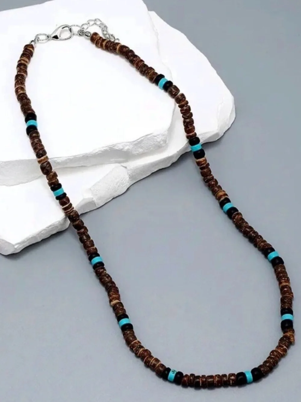 Brown Coconut Bead Necklace with Turquoise & Black Accents – Boho Surfer